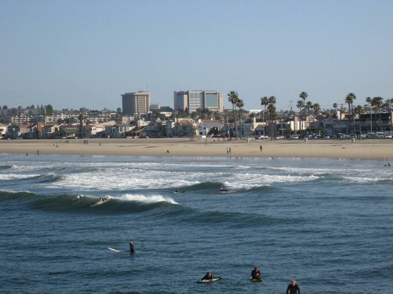 Surfers in the water with Newport Beach city skyline and palm trees in the background
