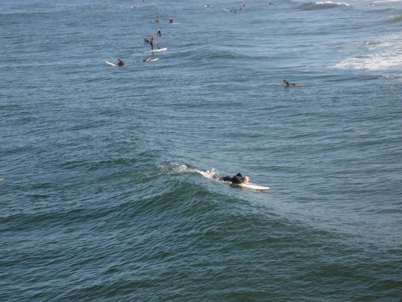 Surfer paddling out through the waves at Newport Beach